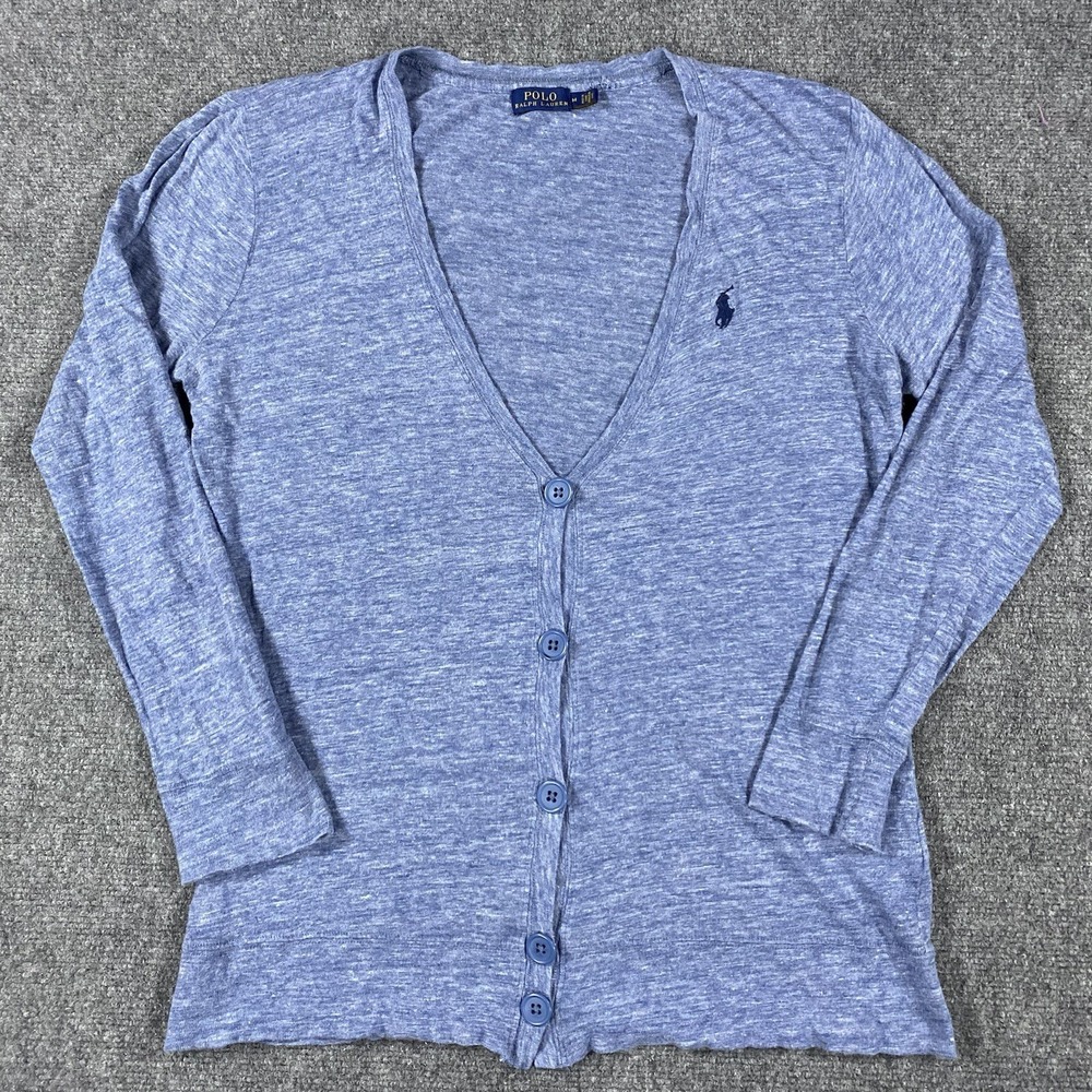 Polo Ralph Lauren Linen Cardigan Sweater Womens Medium Blue Lightweight Pony